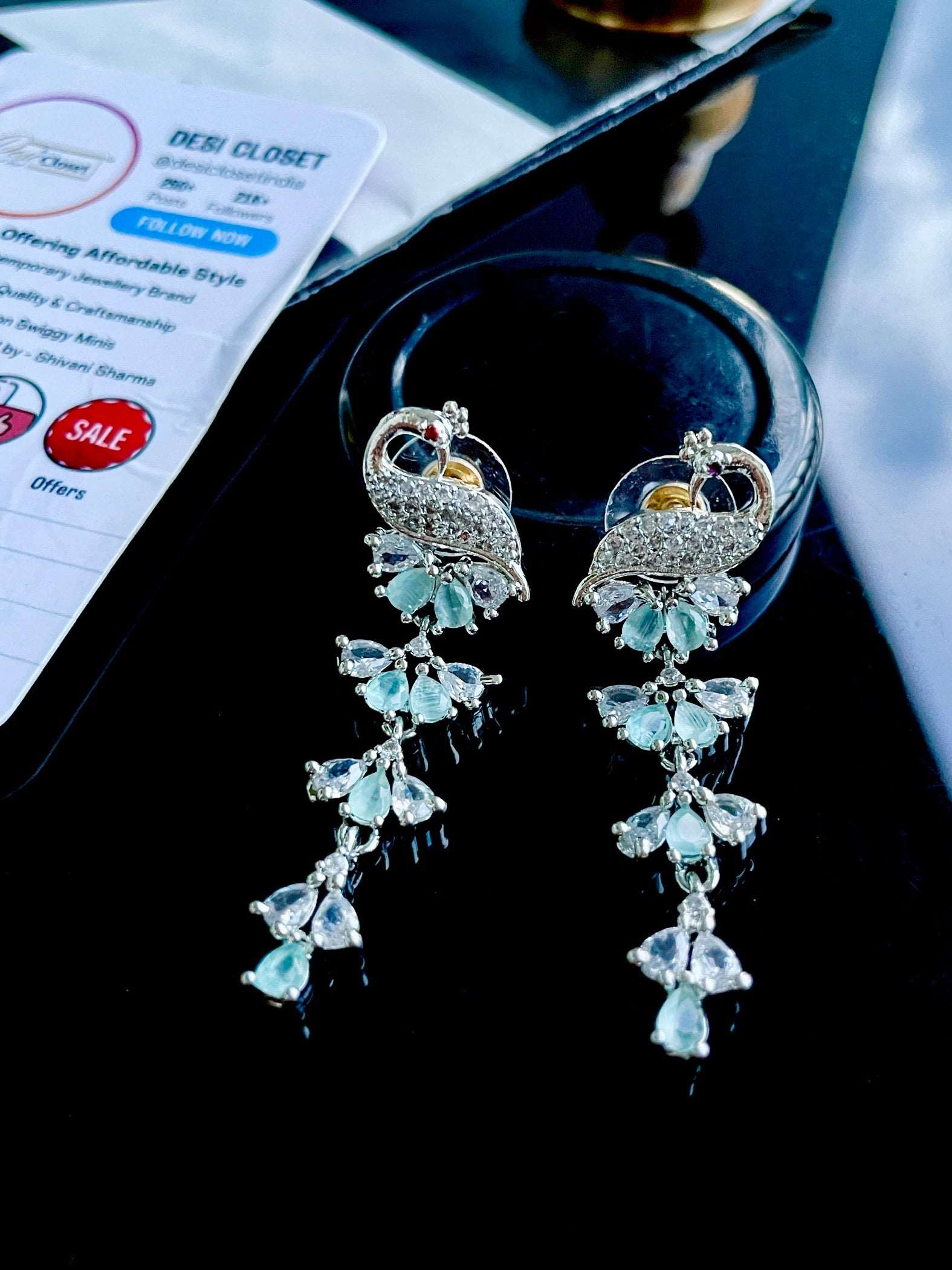 AD Premia Mint Green Peacock Drop Earrings with Ruby Eyes - Desi Closet
