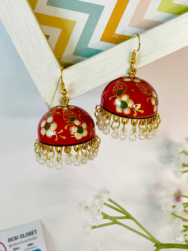 Meenakari Jhumki - Floral on Red
