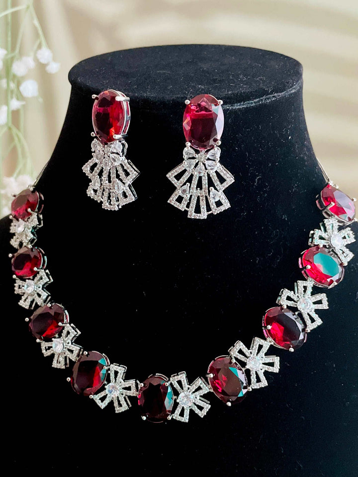 AD Wine Red Bow Neckline with Gorgeous Plum Red Earrings - Desi Closet