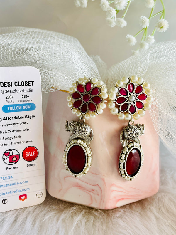 Wine Flower Stone Stud with Elephant Drop - Desi Closet
