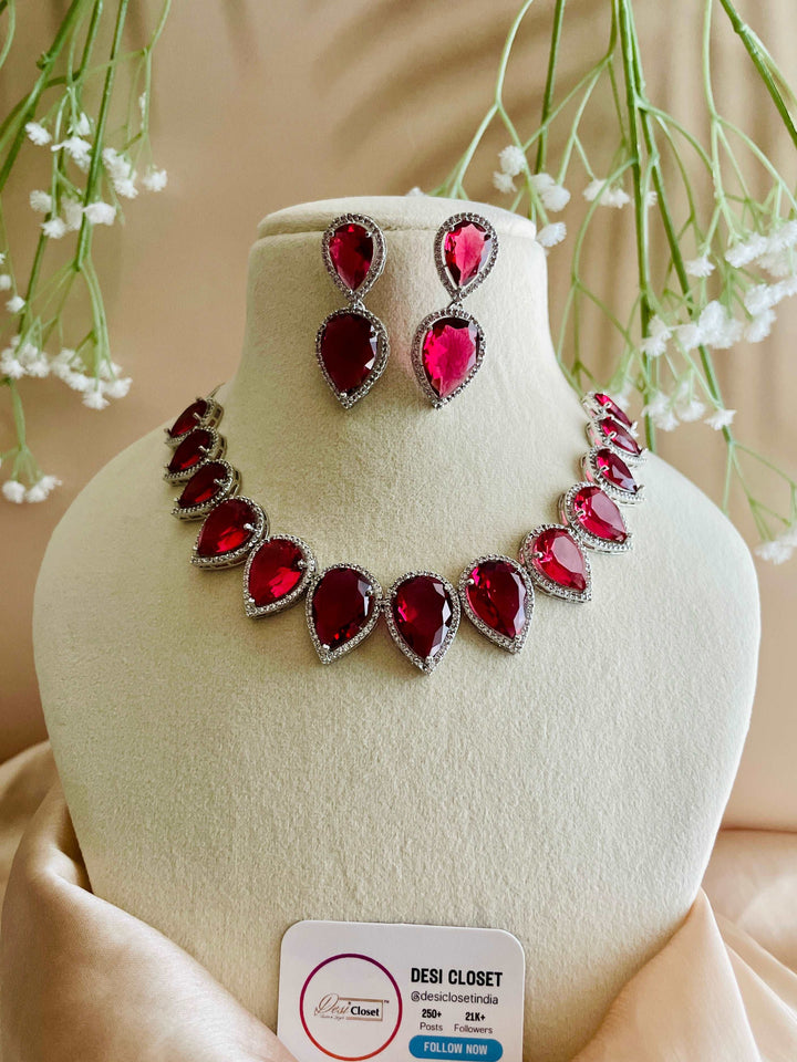 AD Ruby Red Arrow Down Stone Set with Arrow CZ Earrings - Desi Closet