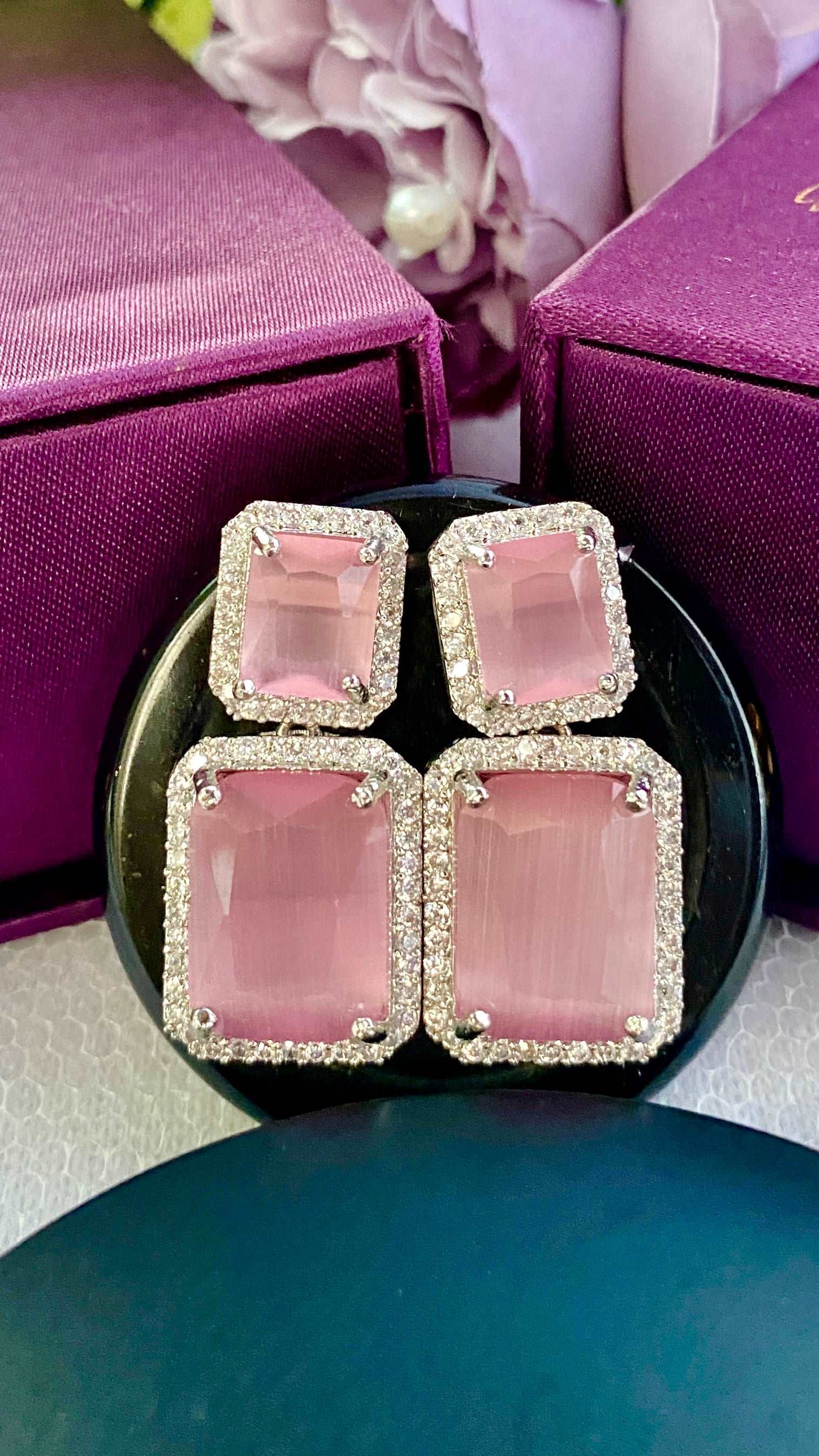 AD Pastel Pink Block on Block Drop Earrings - Desi Closet