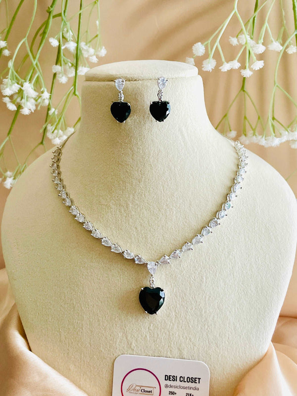 AD Titanic Black Heart Drop Necklace with Black Heart Earrings - Desi Closet