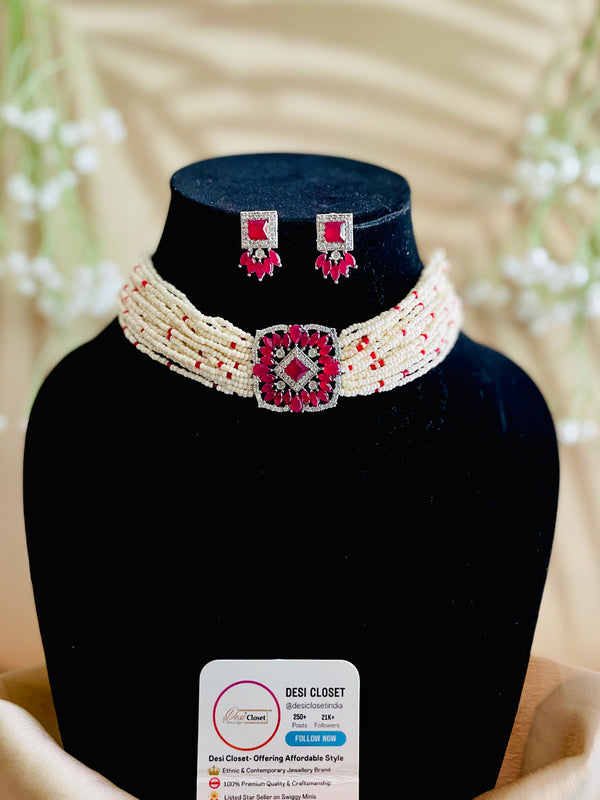 Moti Beaded Red Square Stone Center Piece Choker with Earrings - Desi Closet