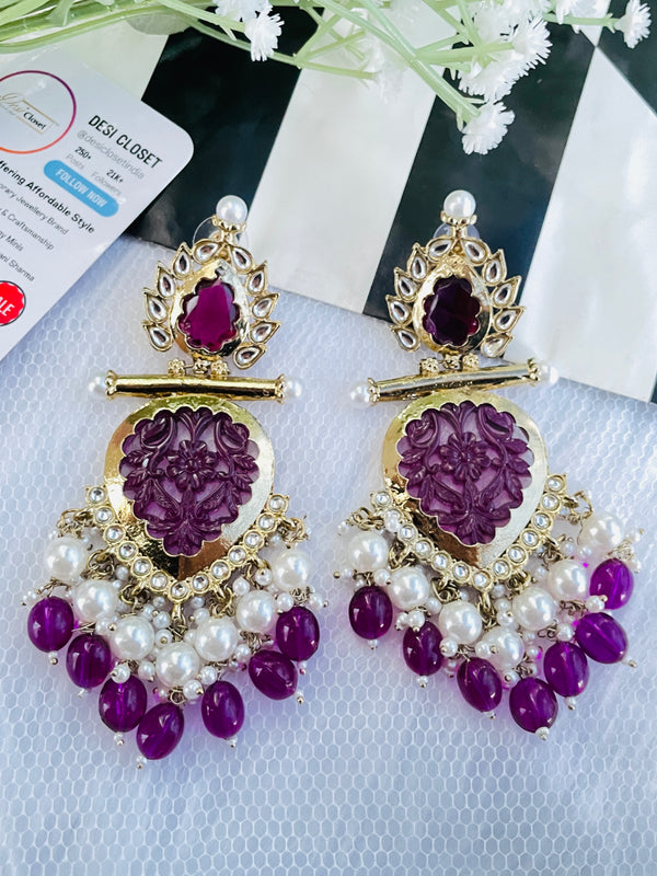 Purple Stone Carved Alizeh Danglers - Desi Closet