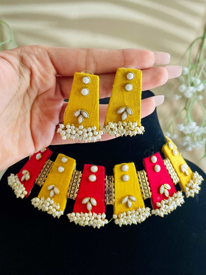 Dual Combo Handmade Fabric Choker in Dark Pink and Yellow - Desi Closet