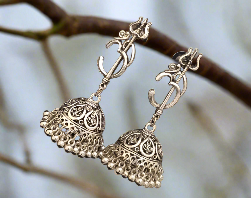 Silver Om Trishul Jhumkas – Desi Closet - Main Image