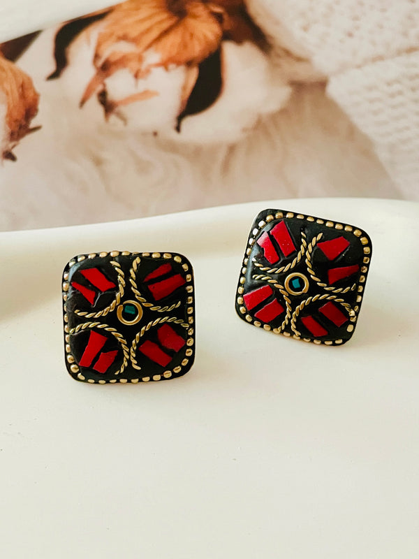 Square Laakh Red Vibrant Studs