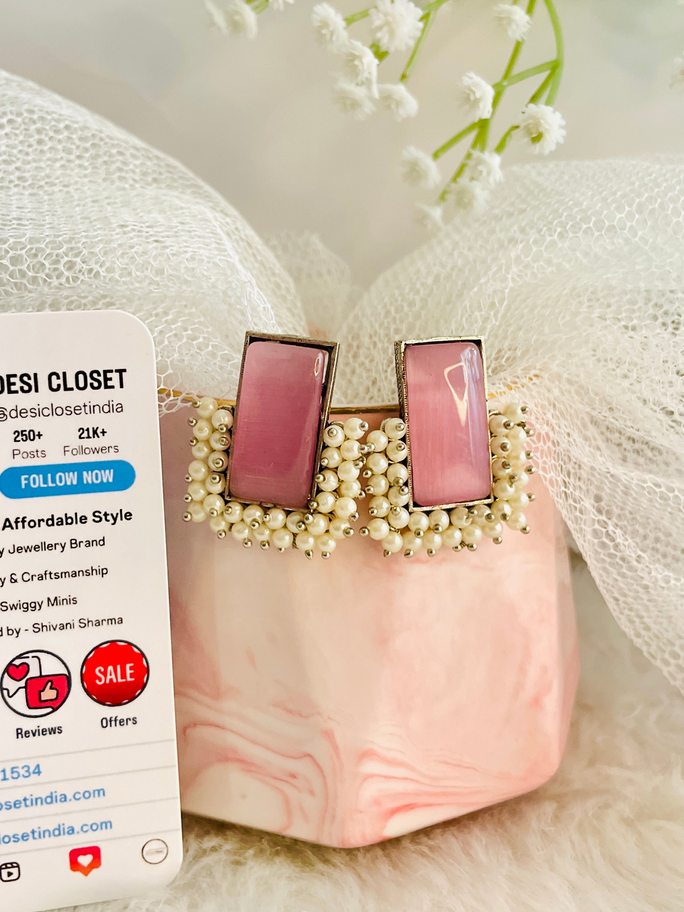 Raw Stone Royal Earrings - Pink - Desi Closet