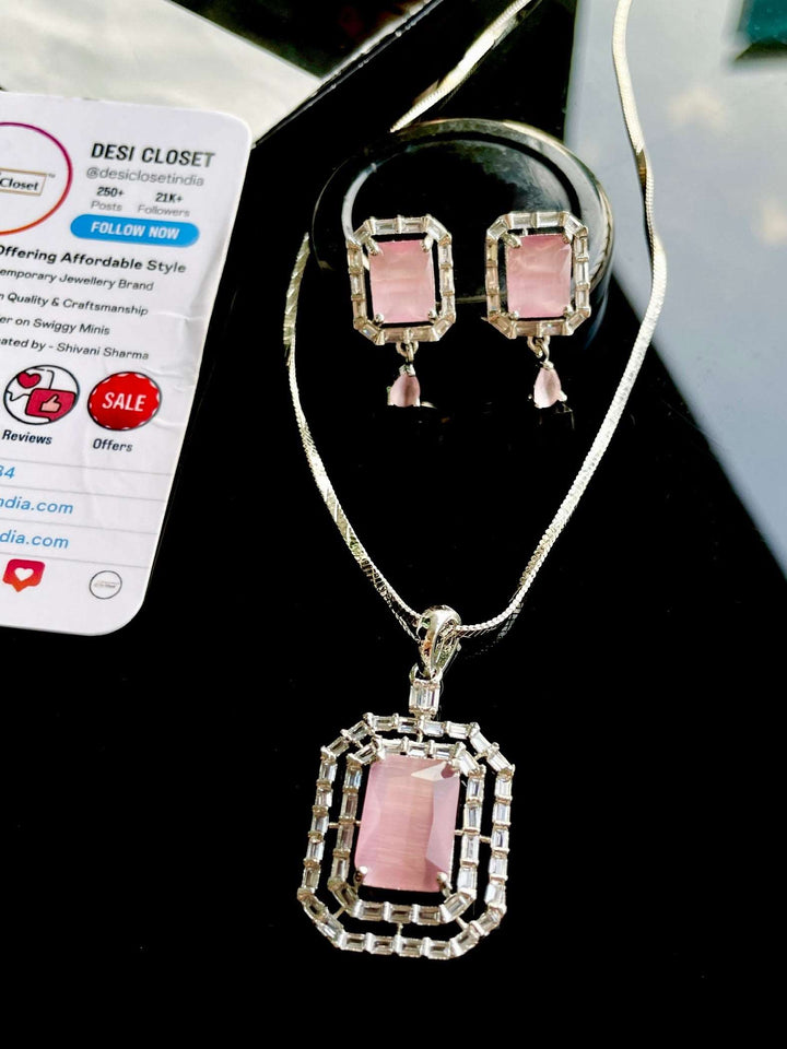 American Diamond Pink Square Layered Pendant Chain & Earring Set - Desi Closet