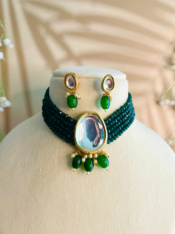 Trendy Emerald Green Matte Beads Choker with Earrings - Desi Closet