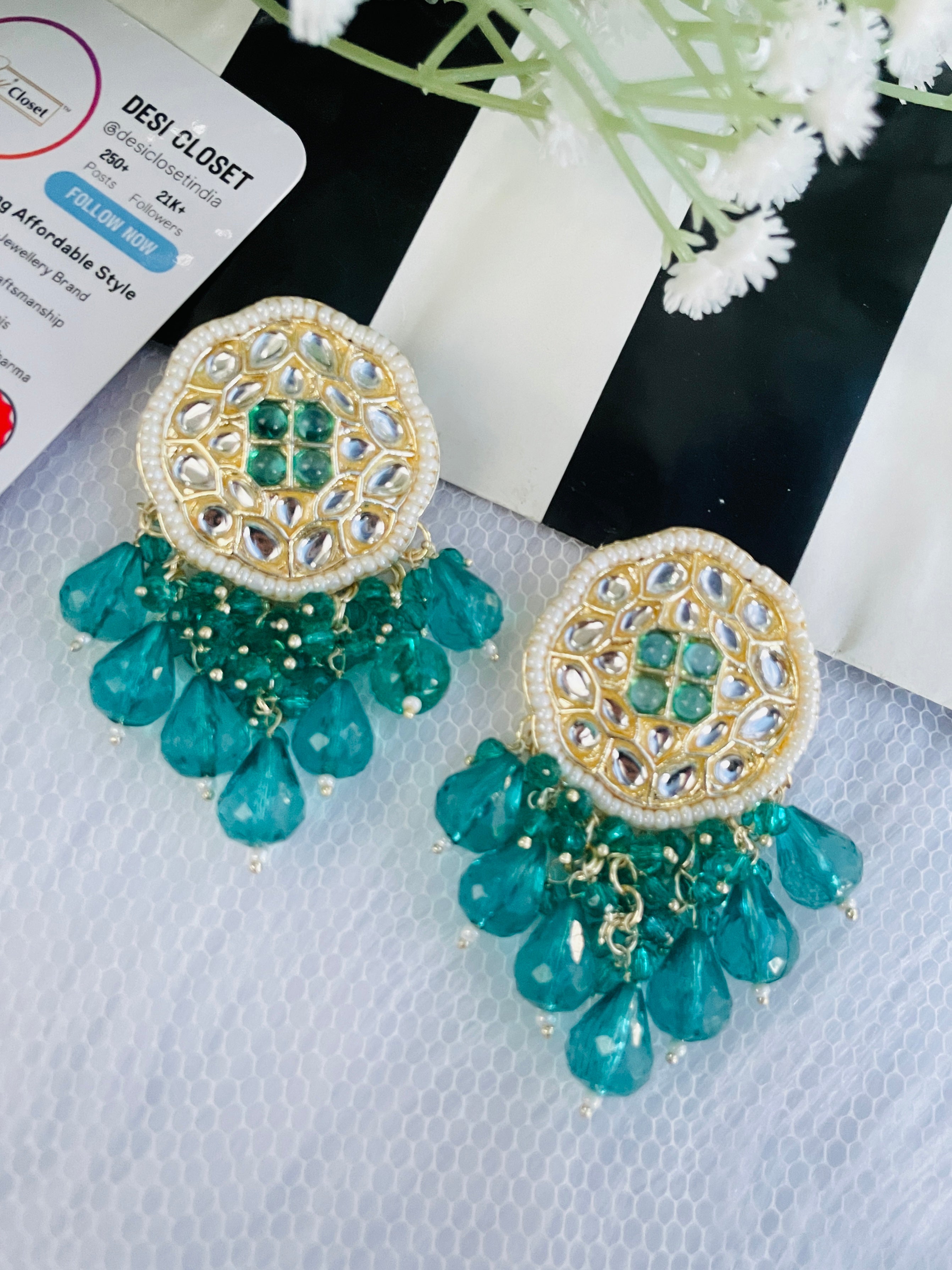 Rama Green Blue Kundan Beaded Earrings - Desi Closet
