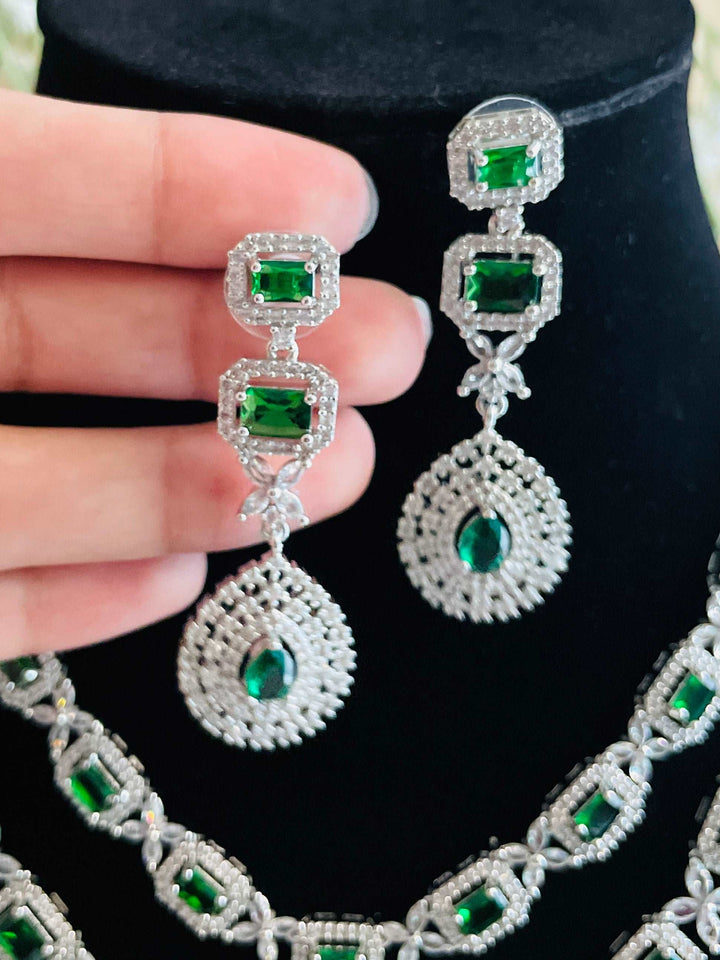 Emerald AD Double Layer Maharani Necklace with Earrings