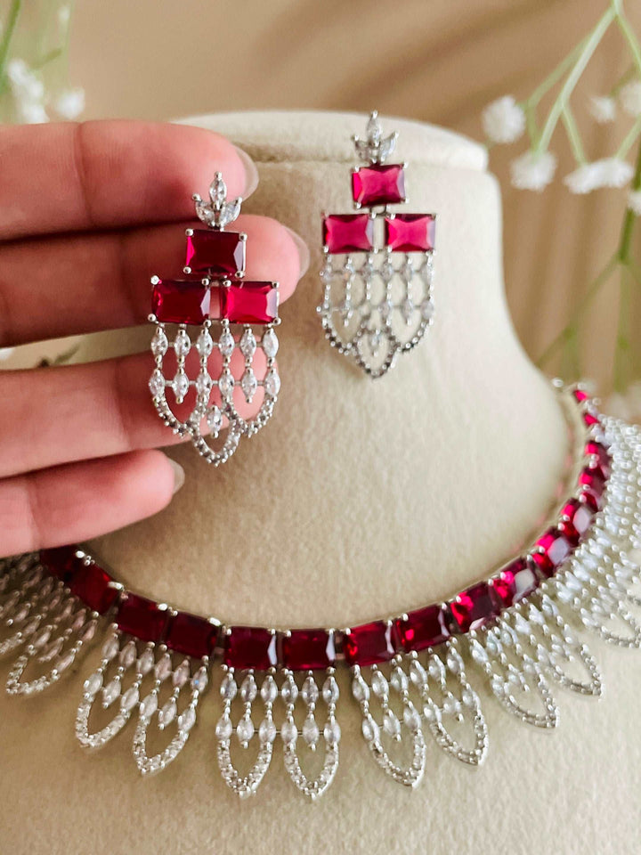 AD Wine Maroon Fish Tail Curve Neckline with Maroon Stone CZ Earrings - Desi Closet