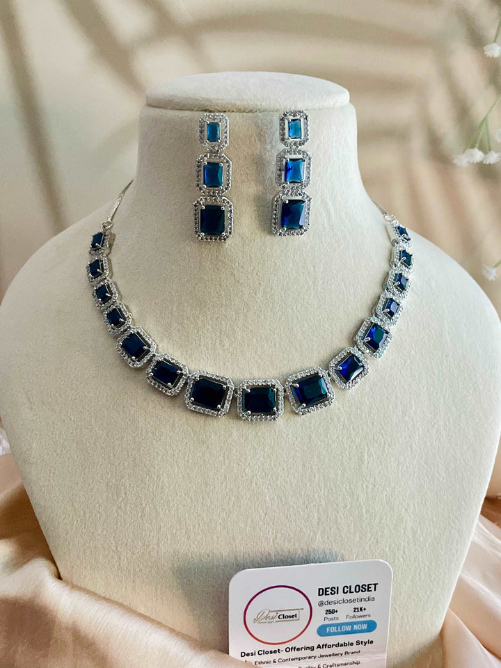 AD Electric Blue Hydro Stone Set with Rectangle CZ Earrings - Desi Closet