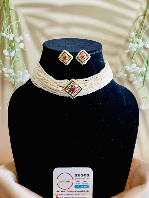 Pearl Choker with Blue Black Meena in Diamond Shape Centre - Desi Closet