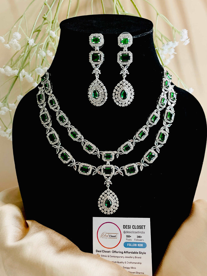 Emerald AD Double Layer Maharani Necklace with Earrings