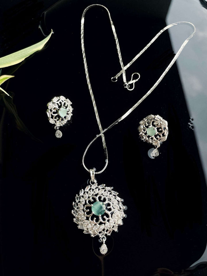 American Diamond Minty Green Round Pendant Chain & Earring Set - Desi Closet