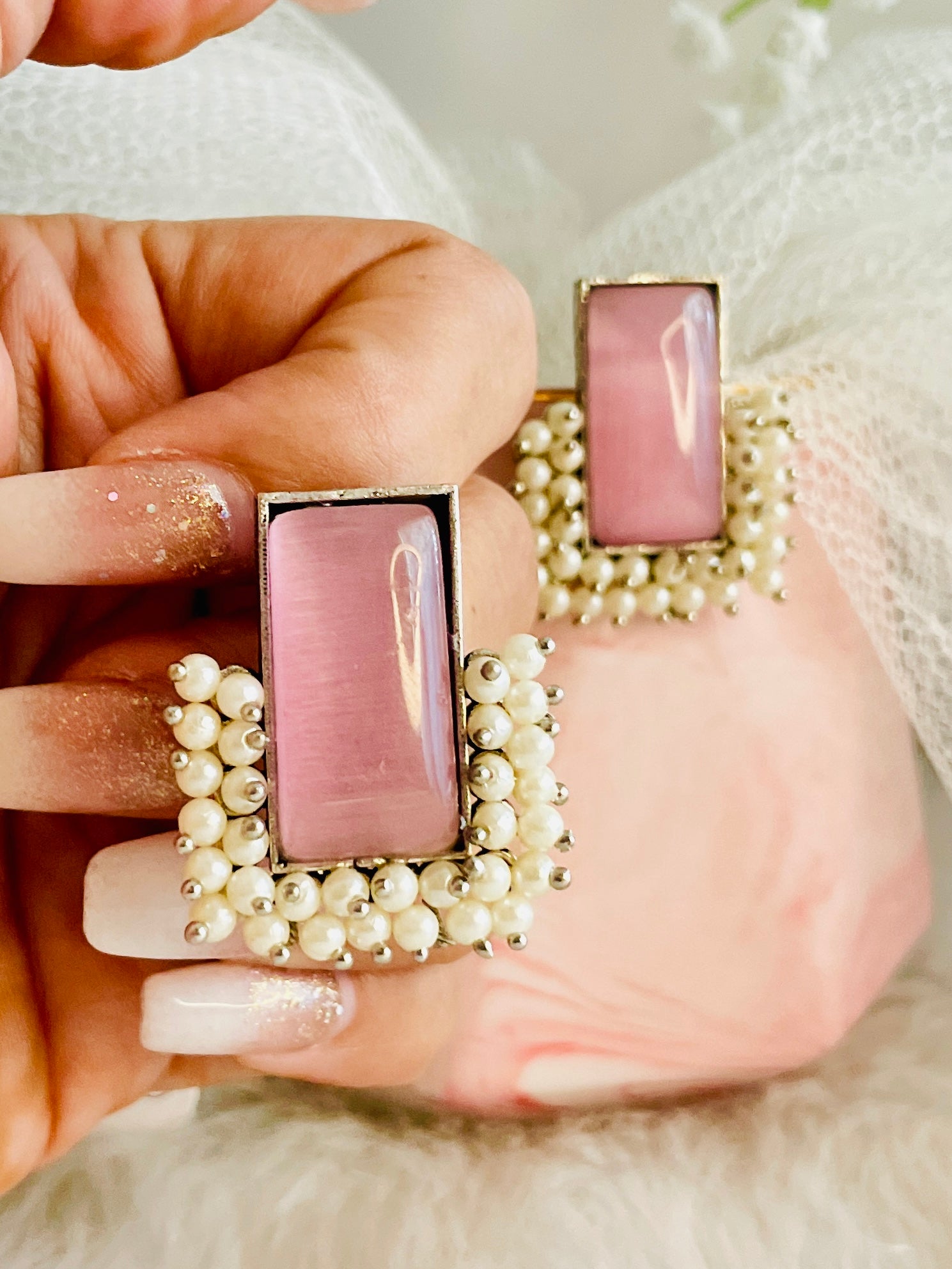 Raw Stone Royal Earrings - Pink - Desi Closet