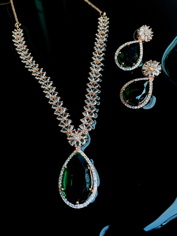 Premium American Diamond Rose Gold Titan Necklace with Emerald Stone - Desi Closet