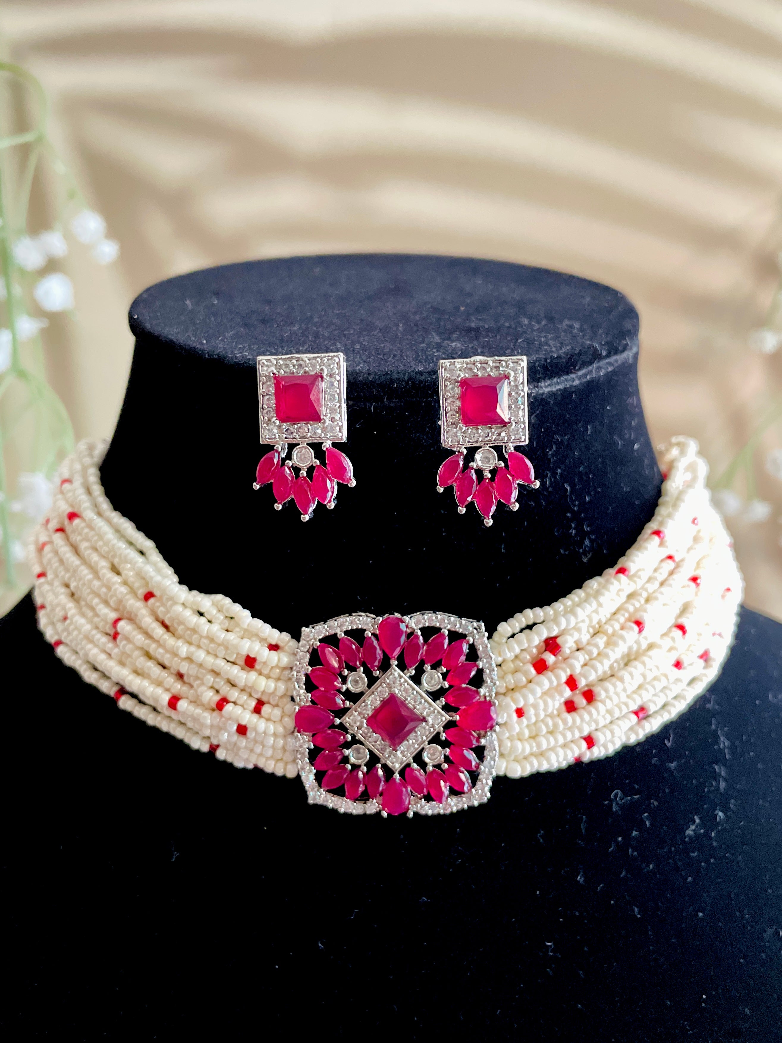 Moti Beaded Red Square Stone Center Piece Choker with Earrings - Desi Closet