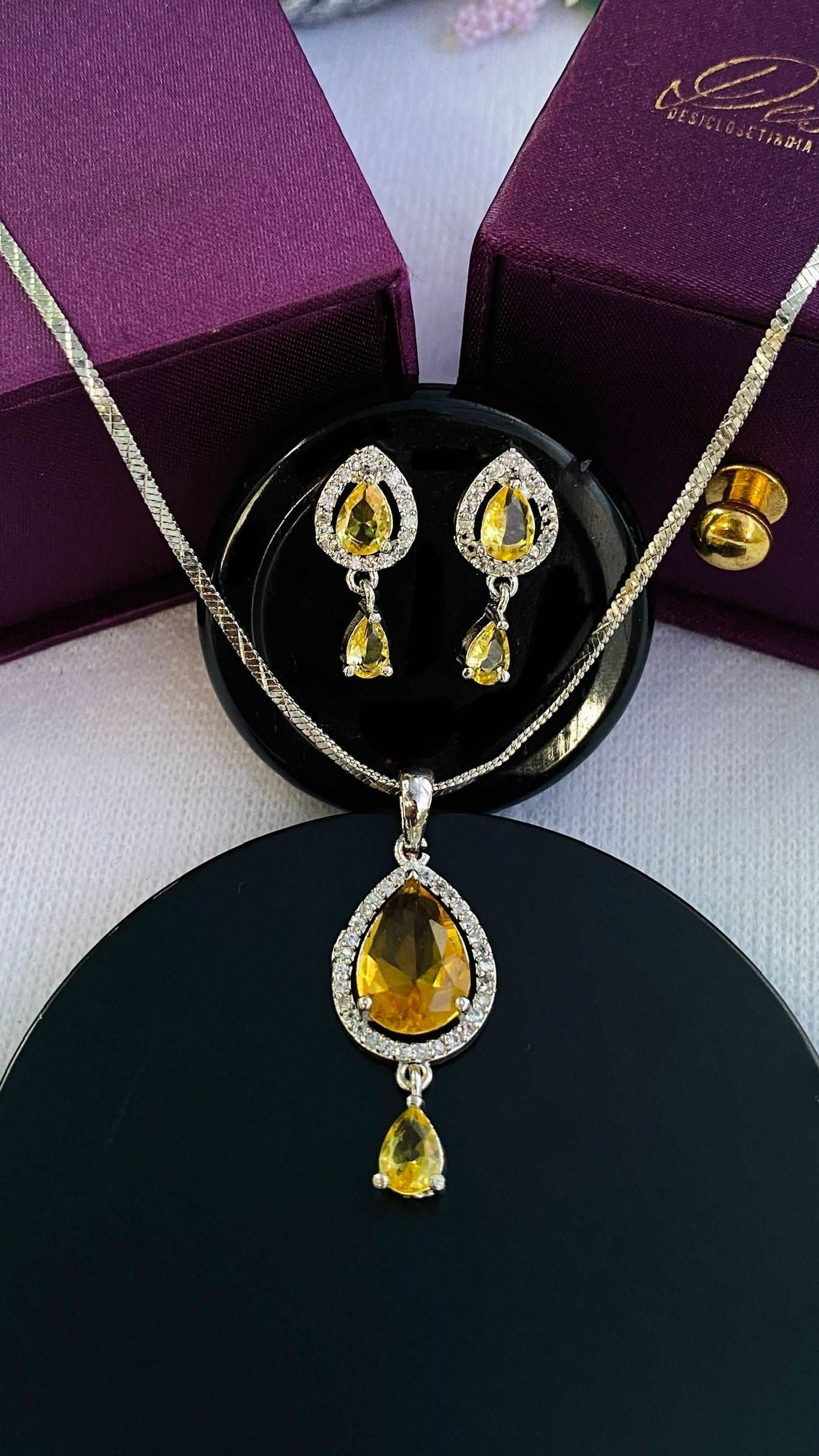 American Diamond Pale Yellow Pendant Chain & Earring Set - Desi Closet