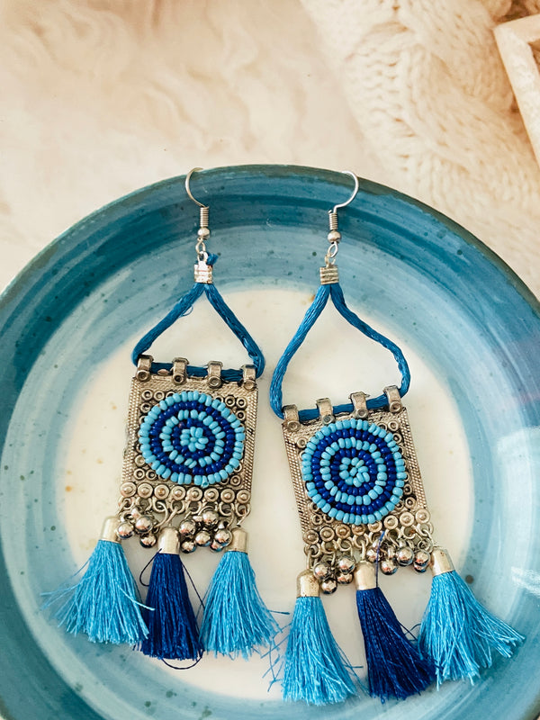 Light & Dark Blue Boho Tassel Drops