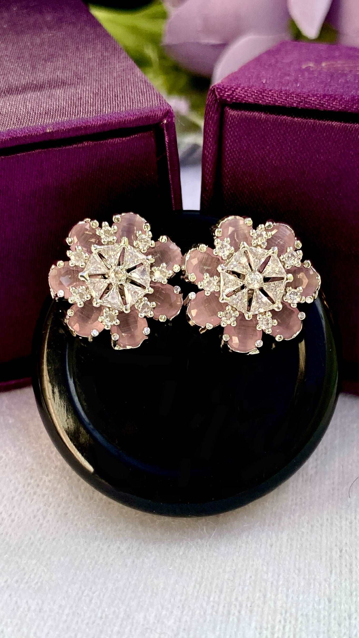 AD Dual Pattern Pink Floral Snowflake Studs - Desi Closet
