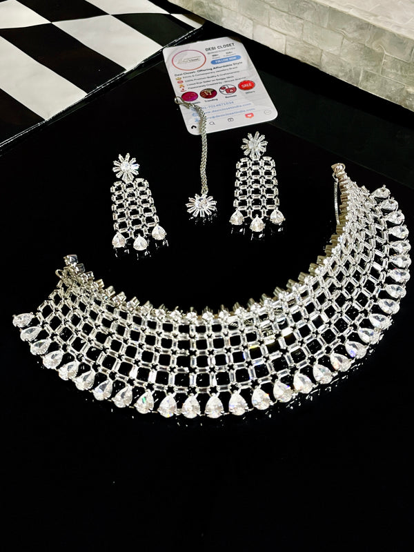 Premium AD Necklace with CZ Earrings and Maang Tikka - Full Set - Desi Closet