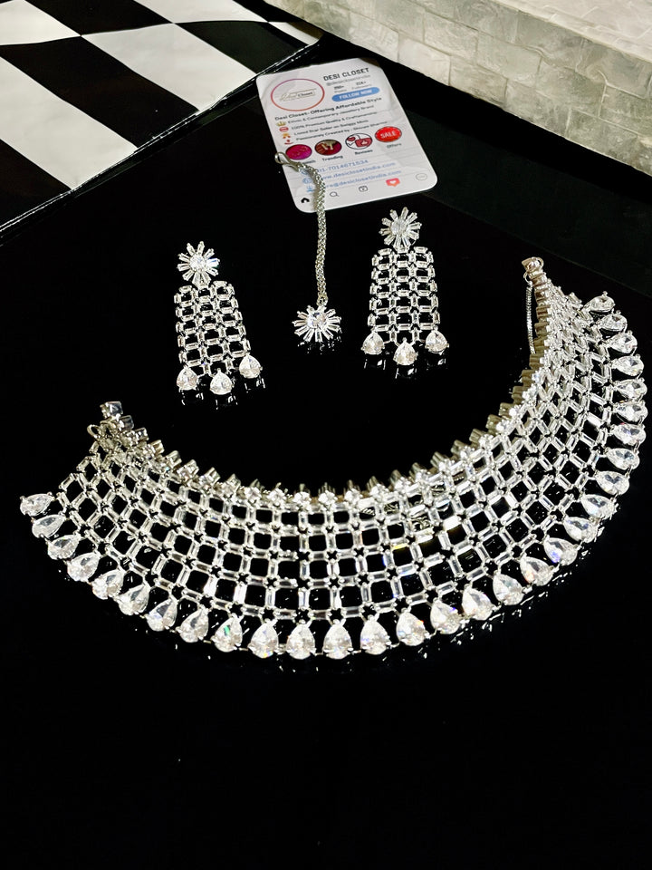 Premium AD Necklace with CZ Earrings and Maang Tikka - Full Set - Desi Closet