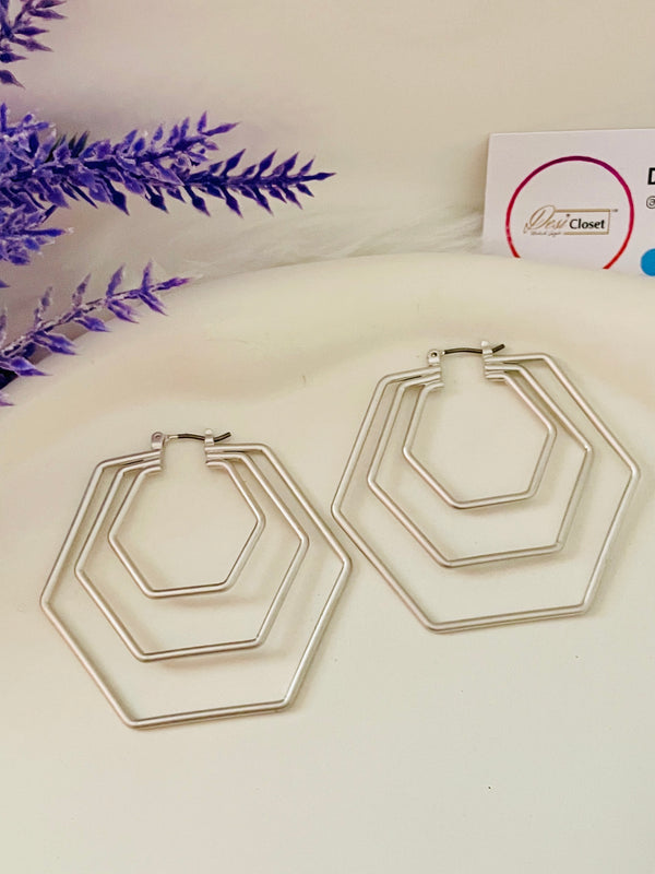 Silver Hex Layered Hoops