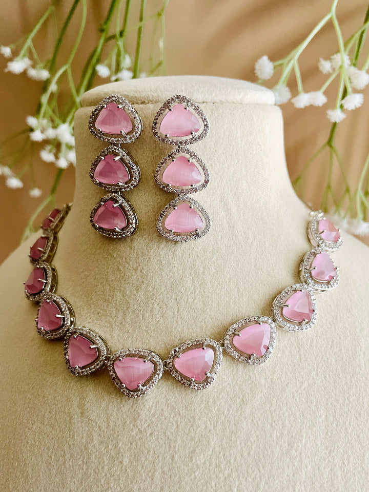 AD Pale Pink Tikon Jod Neckline with CZ Earrings - Desi Closet