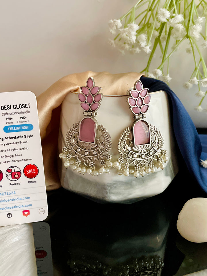 Premium Pink Moon Stone & Pearl Danglers - Desi Closet