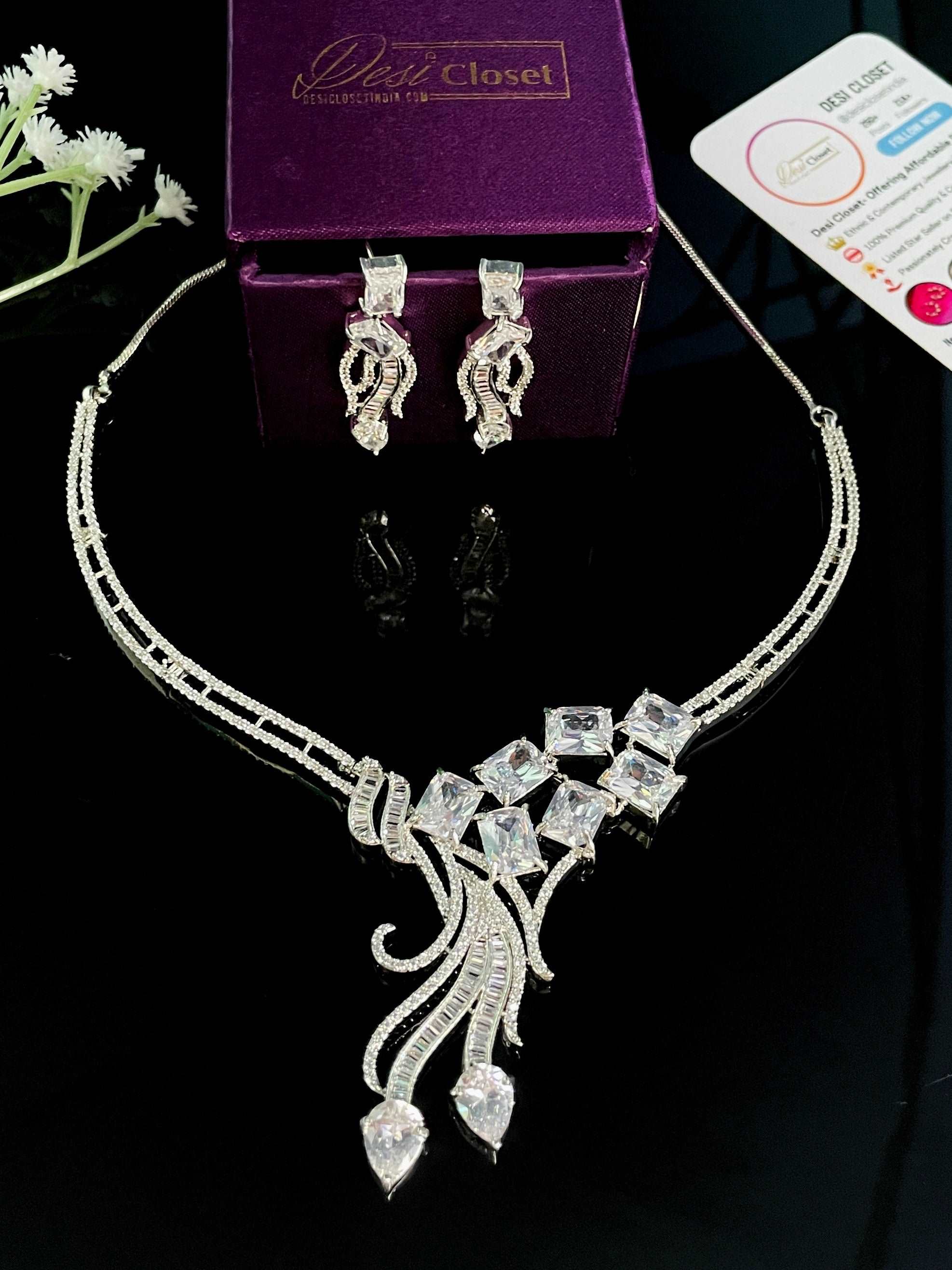 AD Contemporary Sleek One Side Extended Necklace With Sleek CZ Earrings - Desi Closet