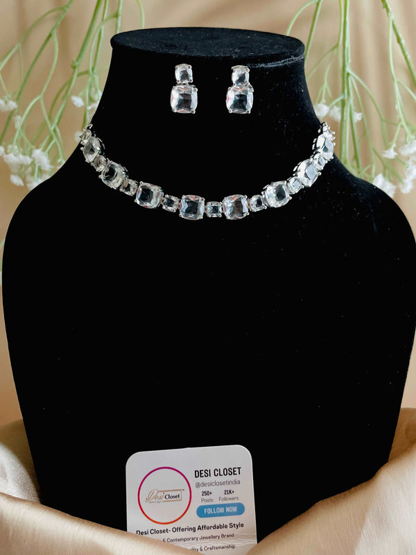 AD Transparent Stone Neckline with CZ Earrings - Desi Closet
