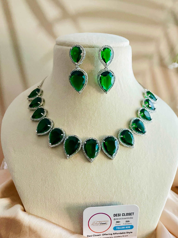 AD Emerald Green Arrow Down Stone Set with Arrow CZ Earrings - Desi Closet