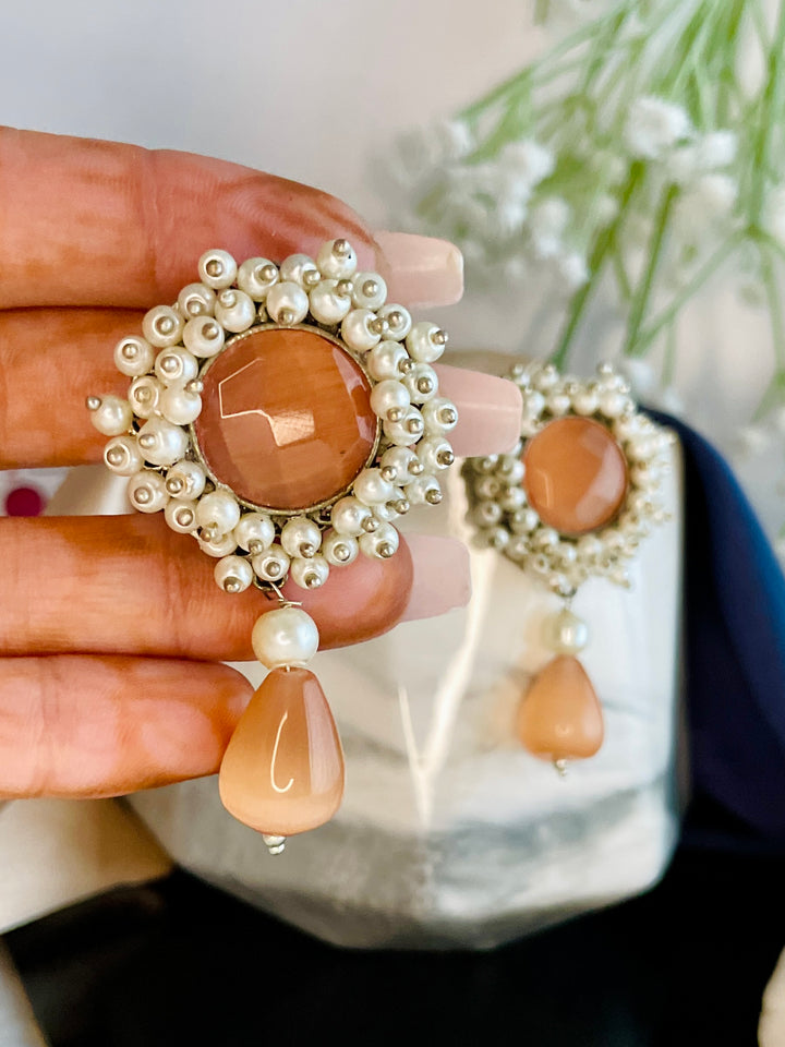Premium Pale Peach Round Stone Danglers - Desi Closet