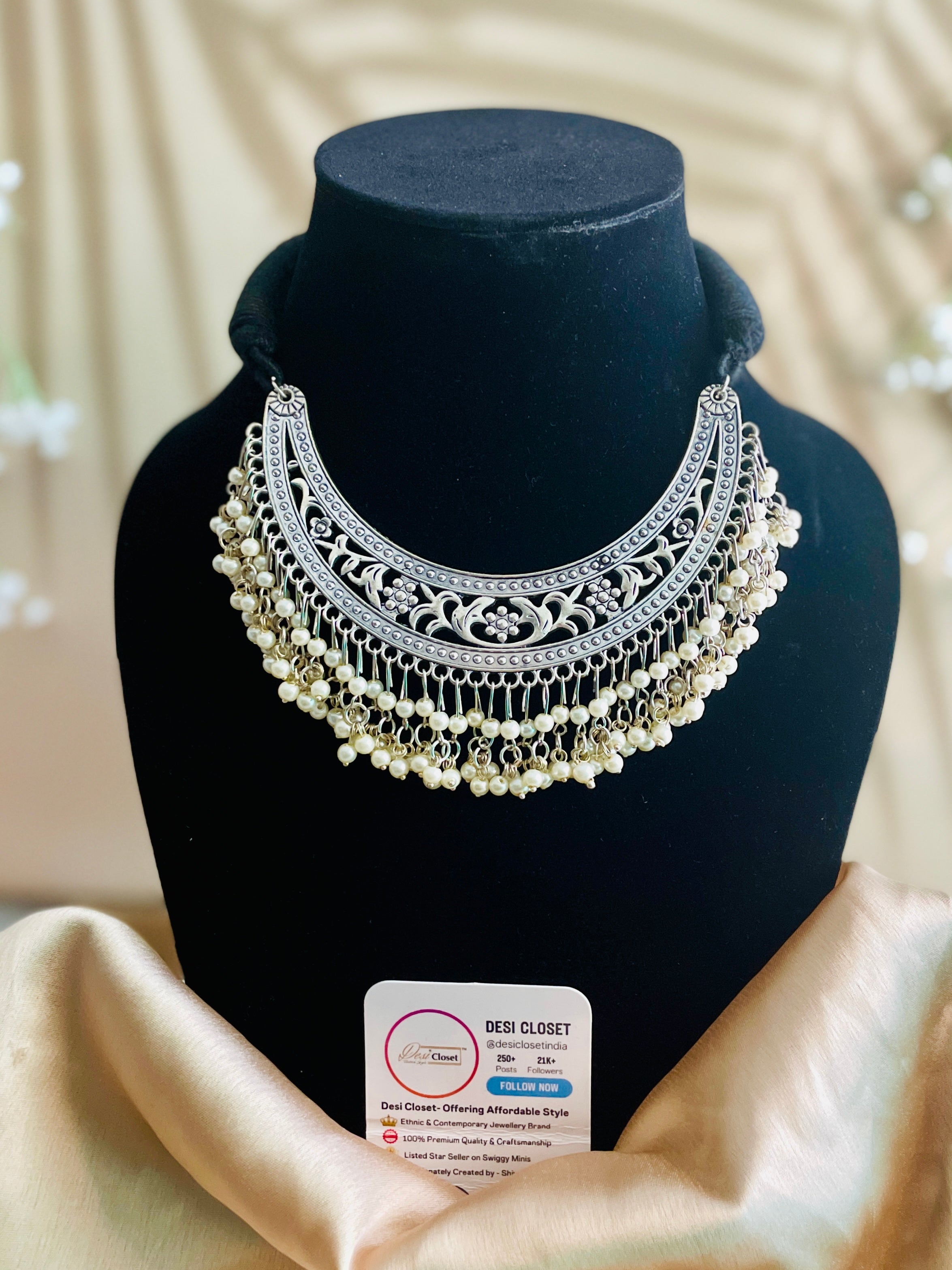 Hustli Silver White Necklace with Beautiful Carved Detail - Desi Closet