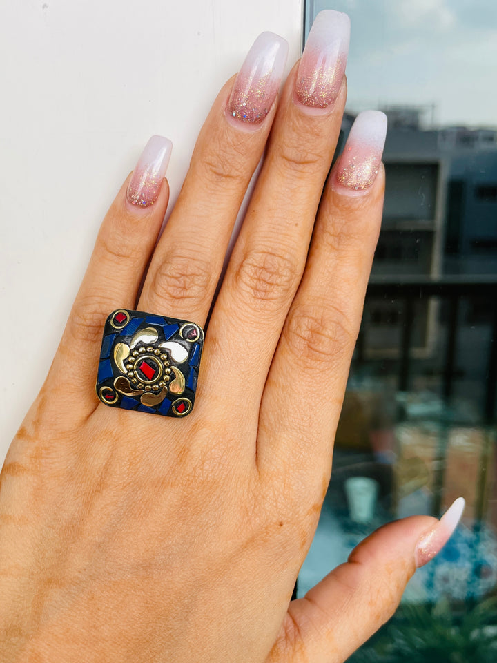 Laakh Blue Square Adjustable Ring - Desi Closet