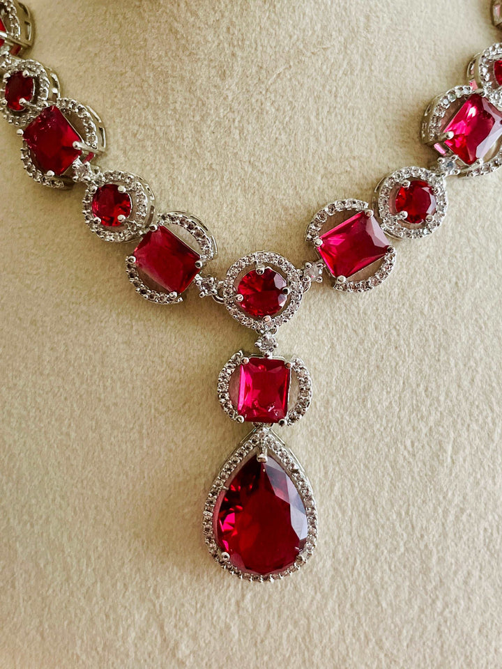 AD Ruby Red Small & Big Stone Neckline with Water Drop CZ Earrings - Desi Closet