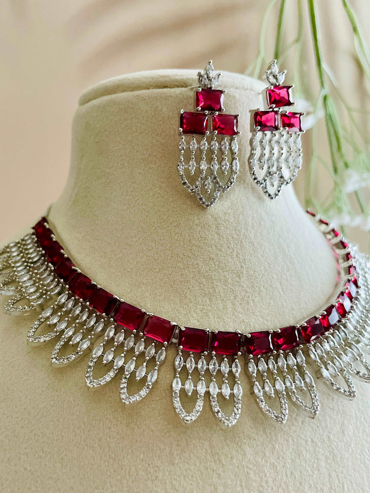 AD Wine Maroon Fish Tail Curve Neckline with Maroon Stone CZ Earrings - Desi Closet