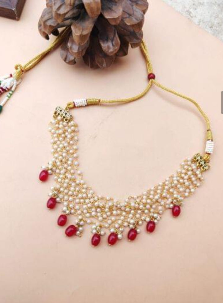 Handcrafted Pearl Necklace Red - Desi Closet