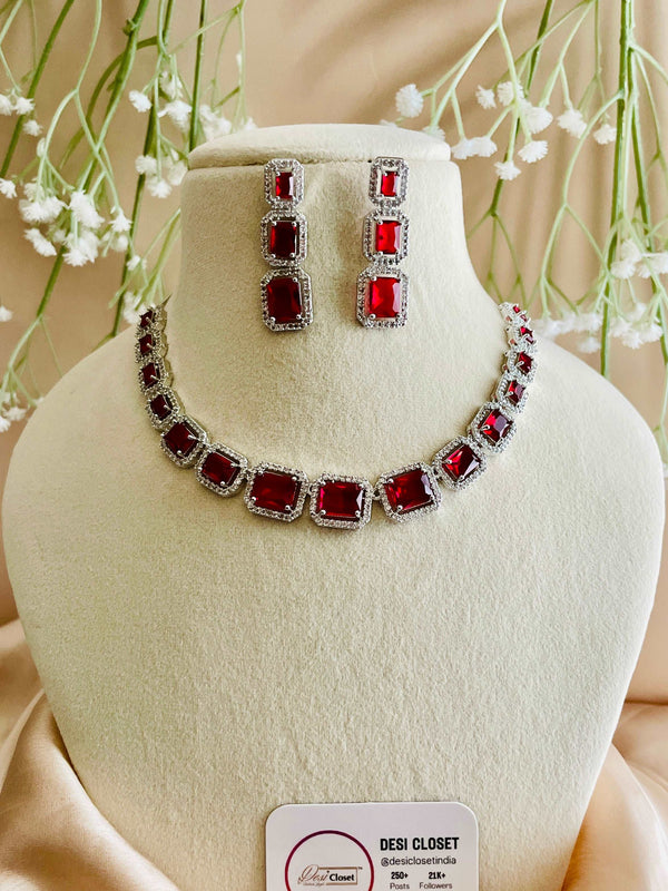 AD Ruby Red Rose Hydro Stone Set with Rectangle CZ Earrings - Desi Closet