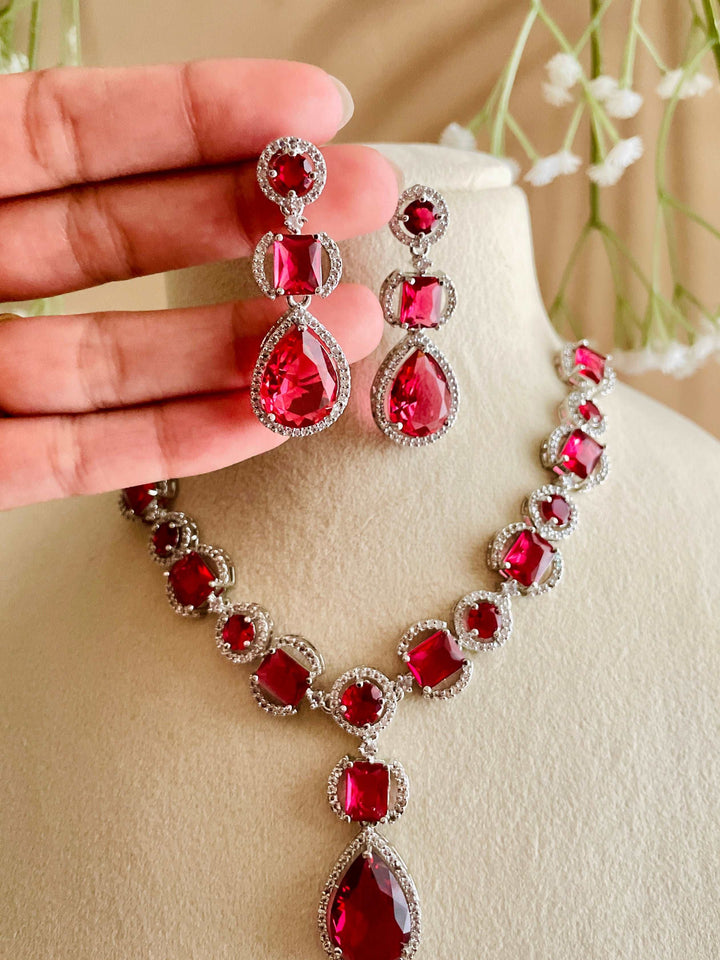 AD Ruby Red Small & Big Stone Neckline with Water Drop CZ Earrings - Desi Closet