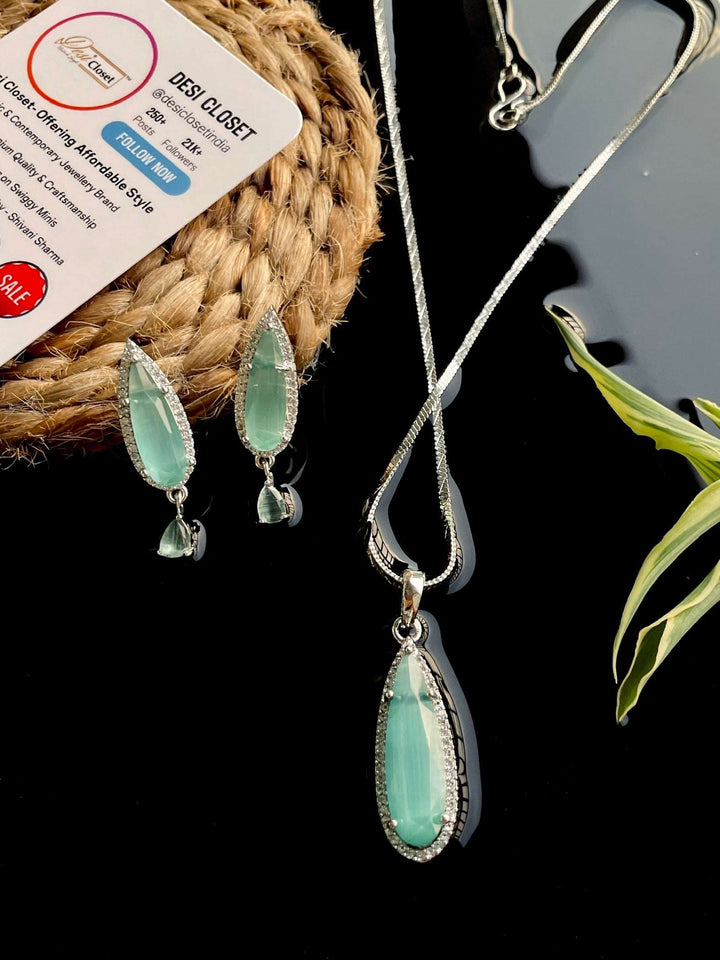 American Diamond Sage Green Pendant Chain & Earring Set - Desi Closet