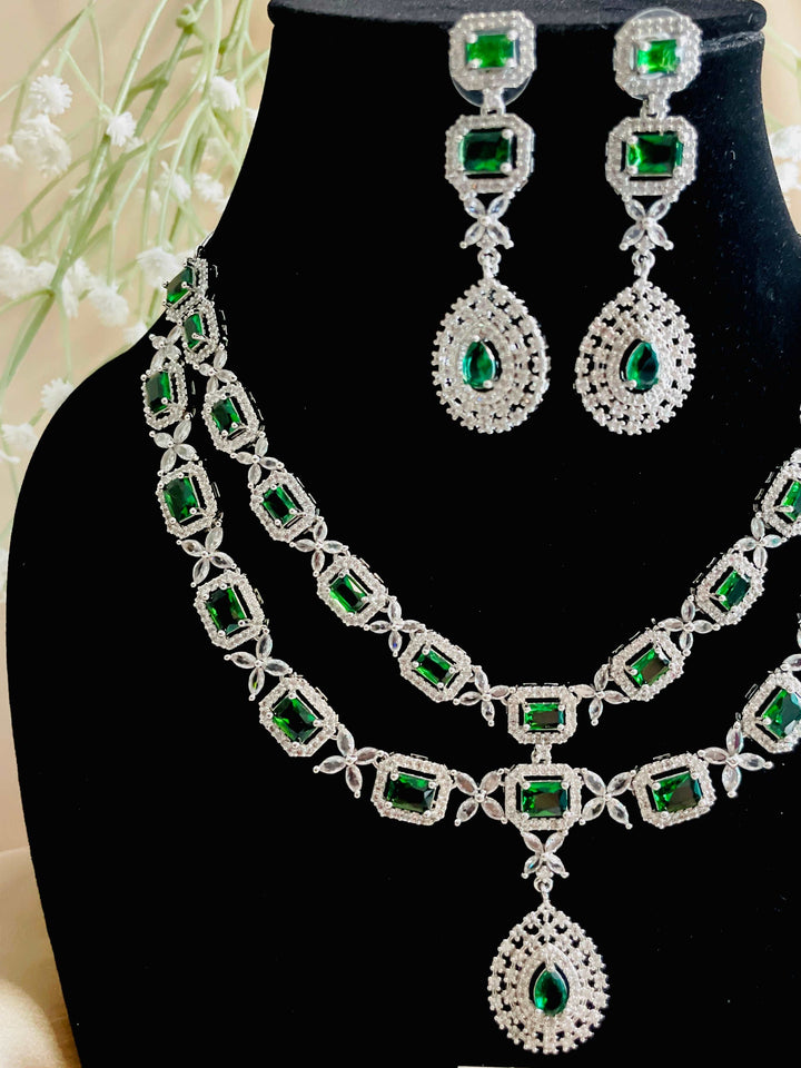 Emerald AD Double Layer Maharani Necklace with Earrings