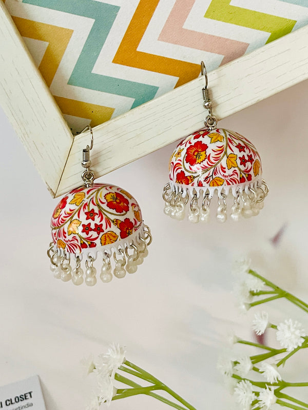 Meenakari Jhumki - Bright Floral on White