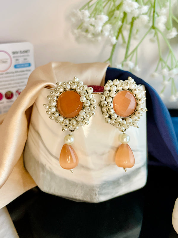 Premium Pale Peach Round Stone Danglers - Desi Closet