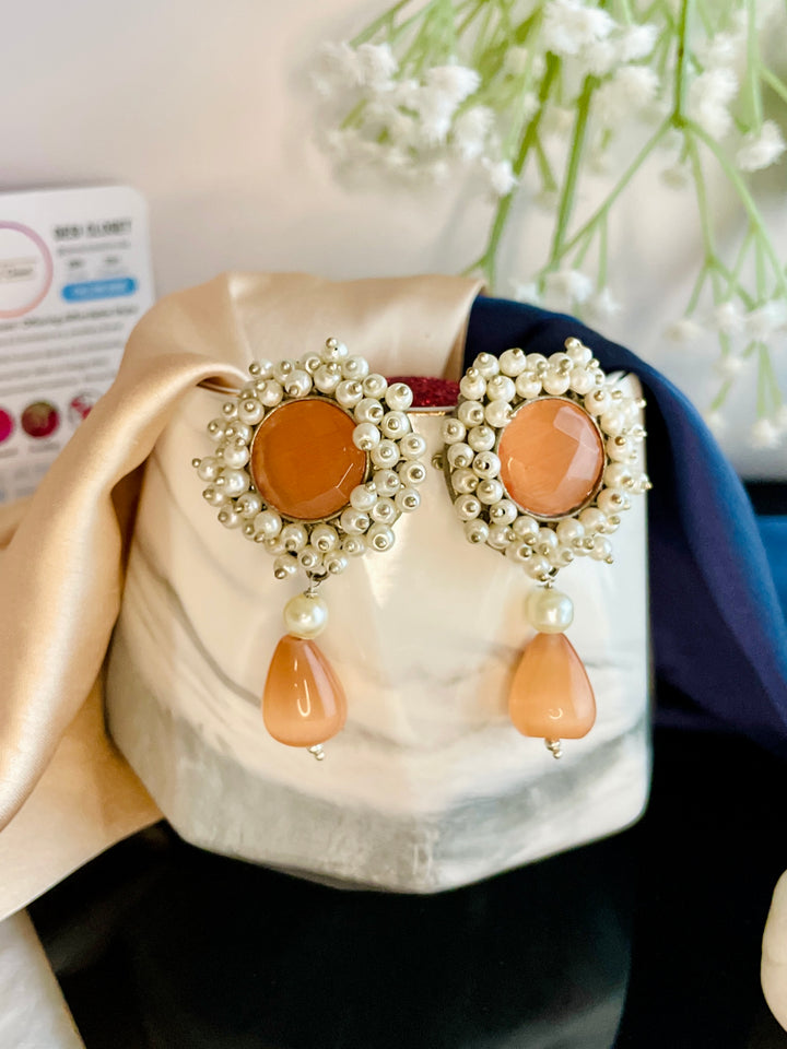 Premium Pale Peach Round Stone Danglers - Desi Closet