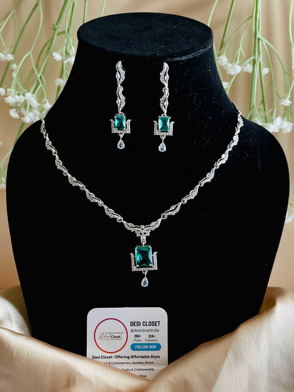 AD Delicate Mint Neckline with CZ Earrings - Desi Closet